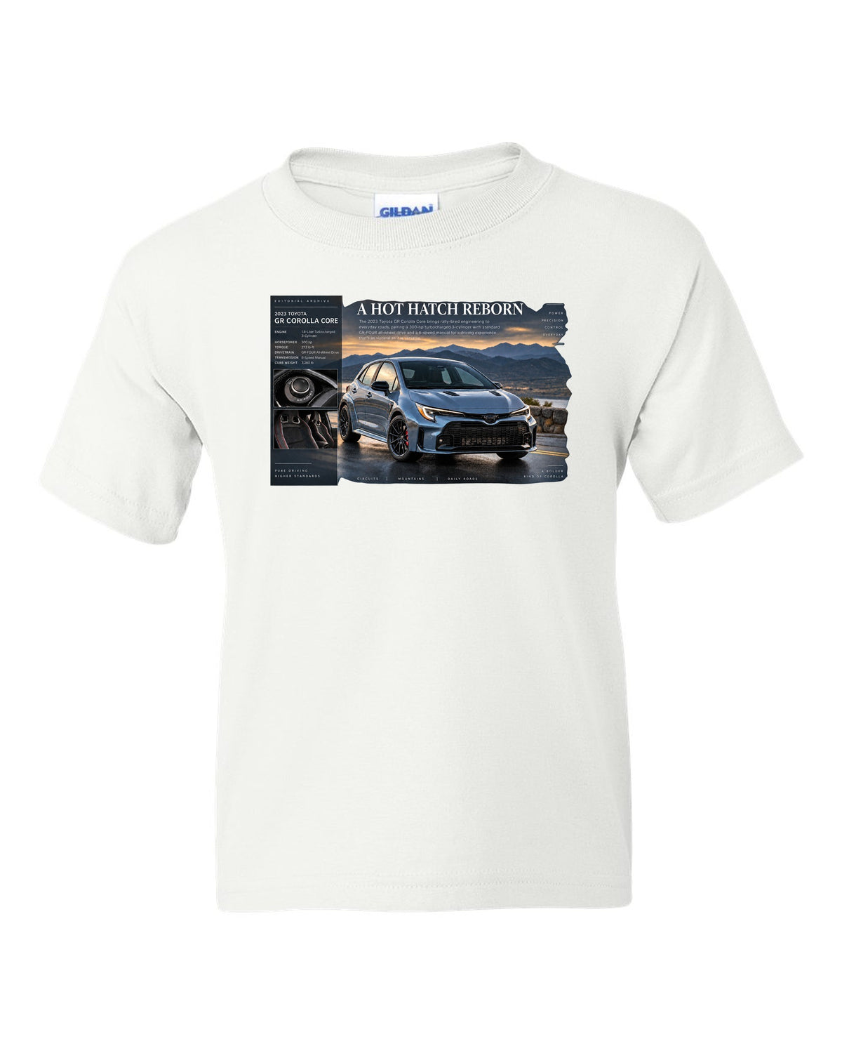 Toyota GR Corolla Core 2023 front three-quarter archive panel white kids tee front view with the design