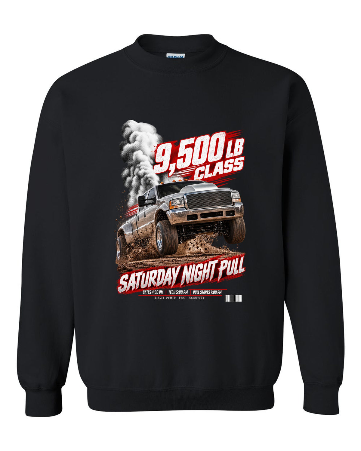 Race poster of a 1998.5-2002 Ram 2500 24V with the text 9,500 lb class, Saturday night pull black crewneck front view with the design