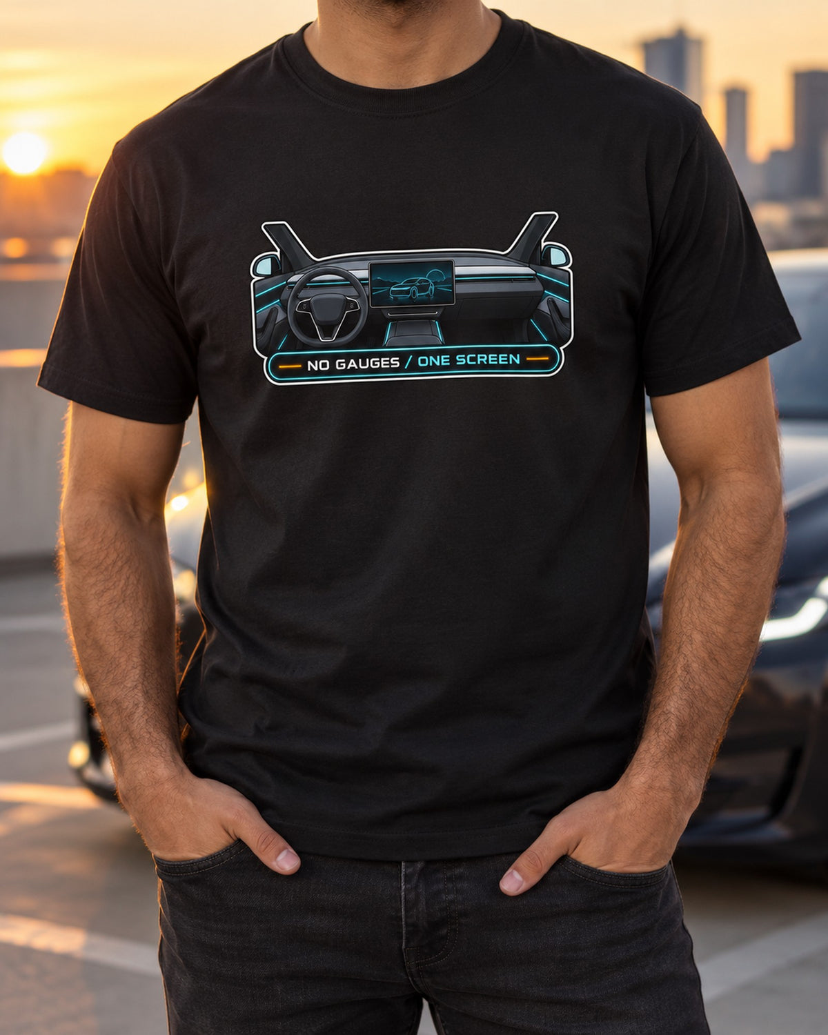 Tesla Model Y Juniper Screen-Only Gauge Cluster HUD Tee T-Shirt Black worn hero