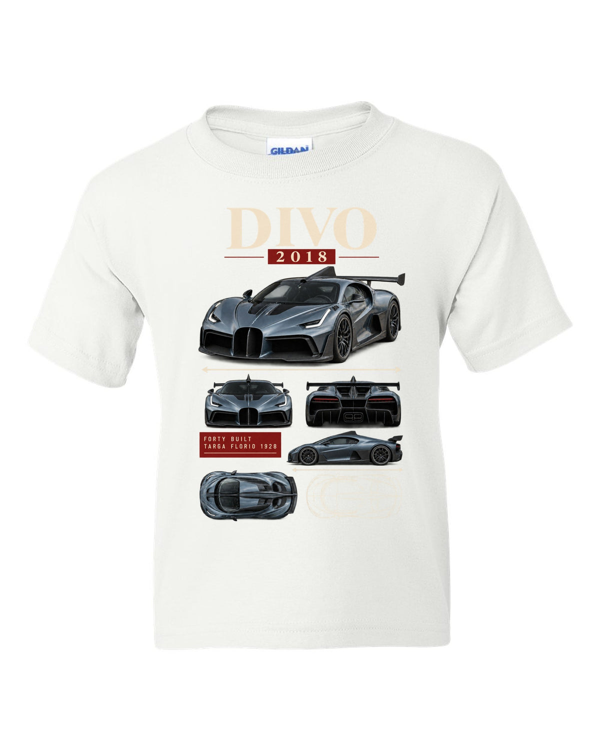 Archive panel design of the Bugatti Divo 2018 with Targa Florio 1928 text, print white kids tee front view with the design