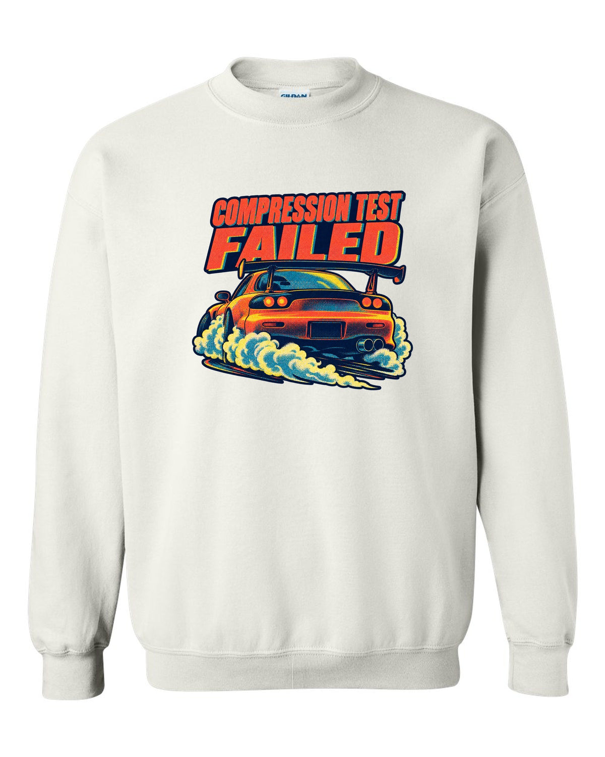 Risograph spot-colour rear view of a Mazda RX-7 FD3S with glowing taillights white crewneck front view with the design