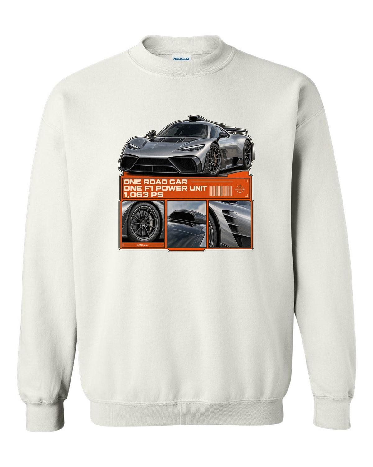 Mercedes-AMG One dossier panel design with three detail views white crewneck front view with the design
