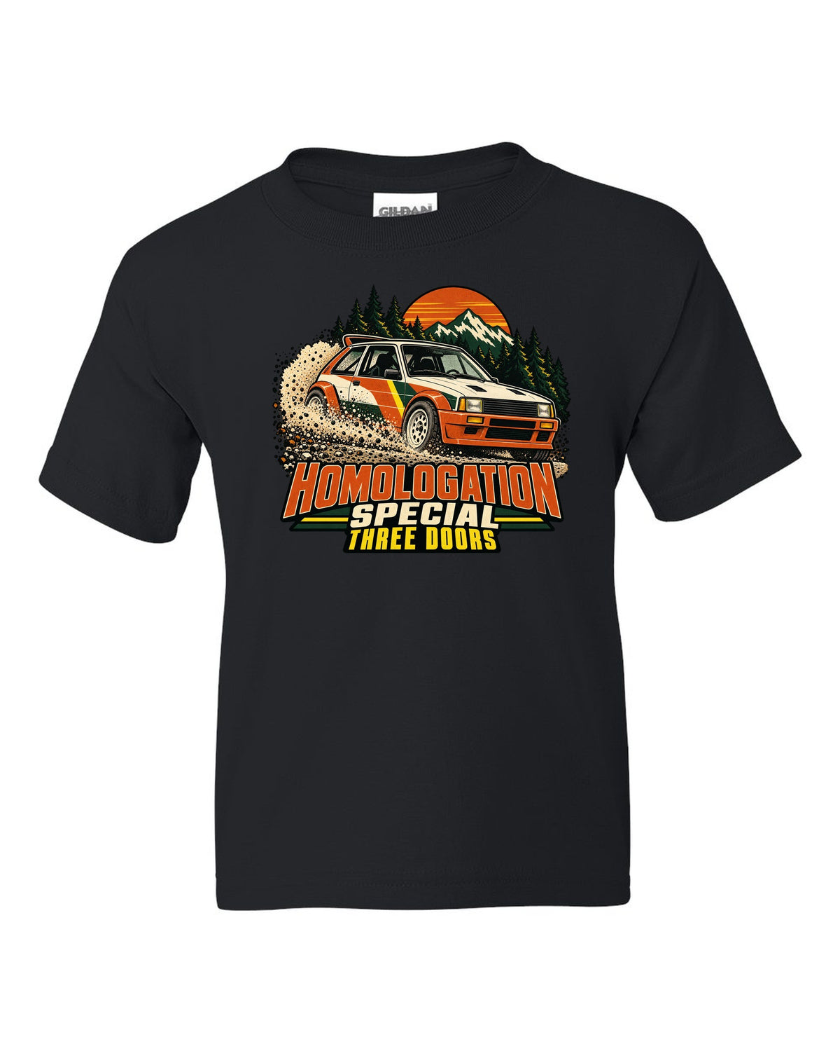 Vintage rally poster of a Toyota GR Yaris sliding on gravel with homologation text black kids tee front view with the design