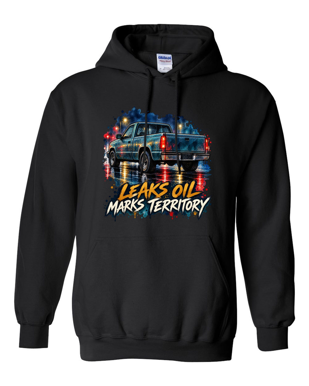Watercolour wet-road night print of a 1989-1993 Dodge Ram D250 Cummins black pull over hoodie front view with the design