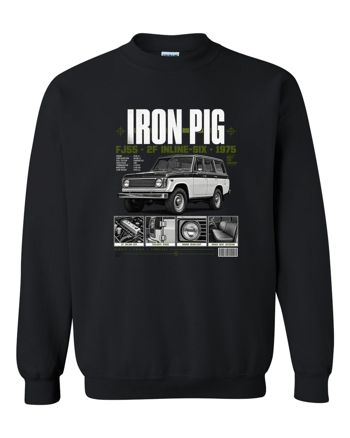 Dossier panel print of a Toyota Land Cruiser FJ55 wagon with Iron Pig and 2F text black crewneck front view with the design