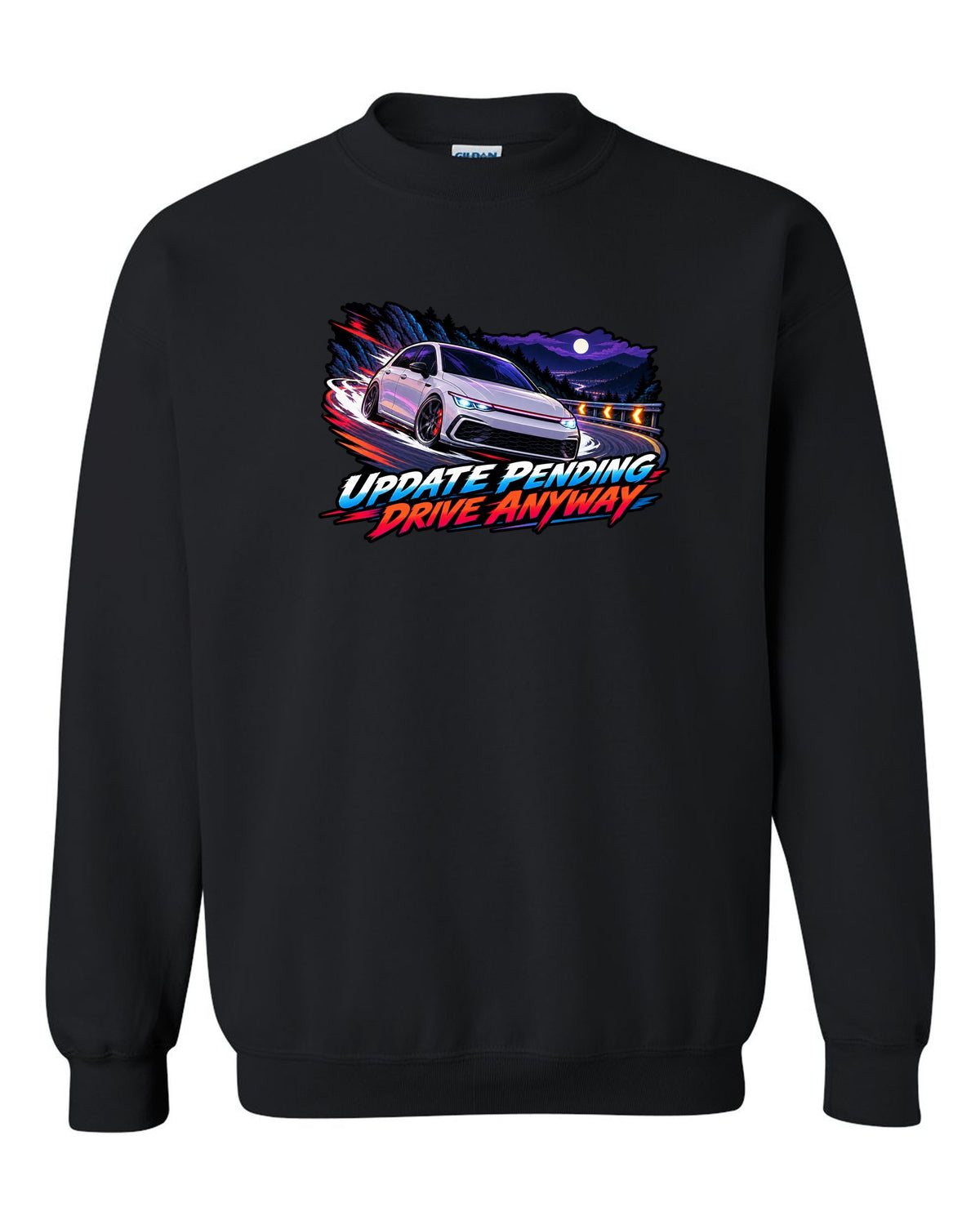 Cel-shaded anime night touge scene of a VW Golf Mk8 GTI with update pending drive anyway text black crewneck front view with the design