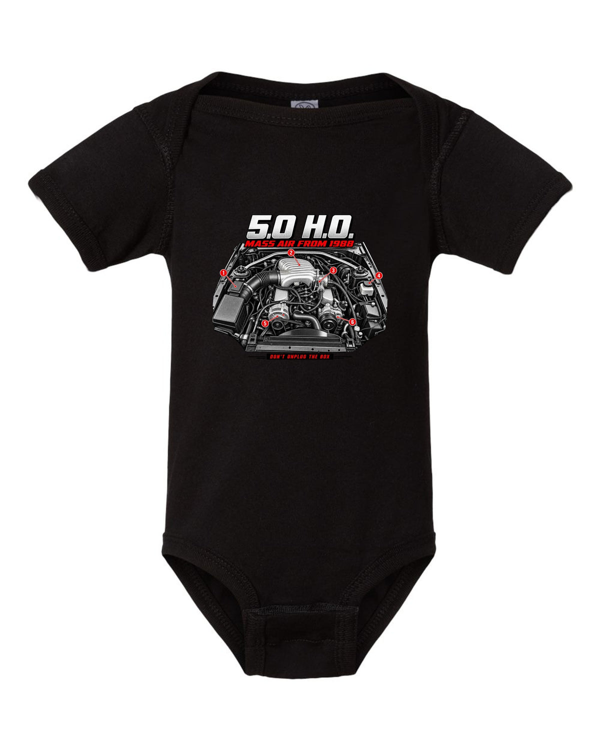 print of a 1989 Ford Mustang Fox Body 5.0 H.O. engine bay black baby onesie front view with the design