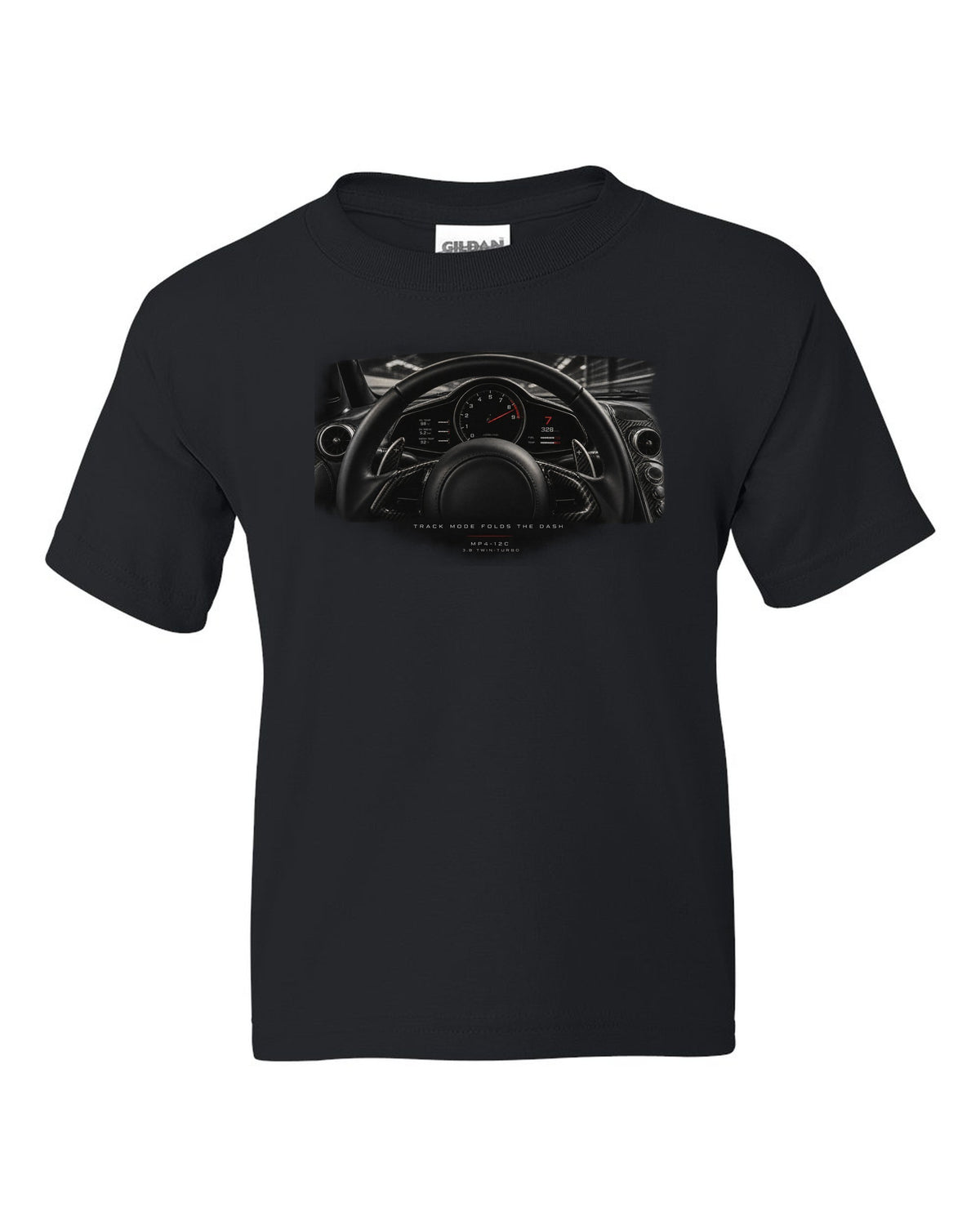 Cockpit gauge print of a 2011 McLaren 12C MP4-12C with folding dash text black kids tee front view with the design