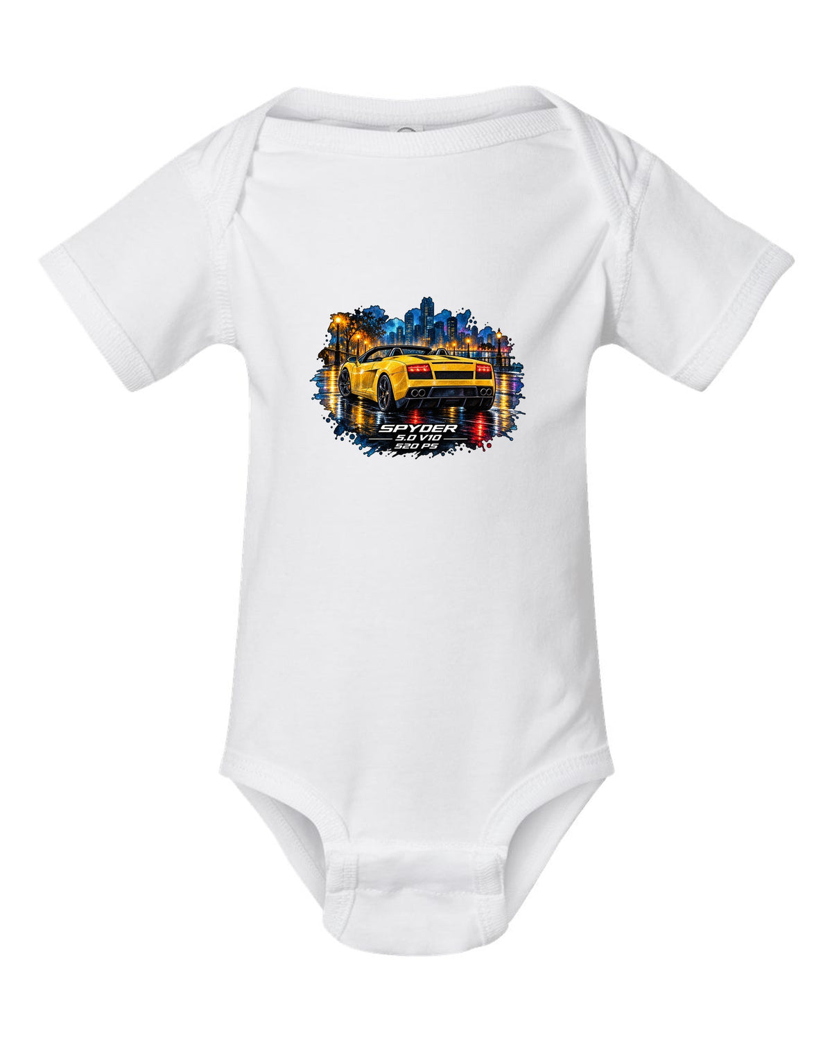 Watercolour wet-road night scene of a Lamborghini Gallardo Spyder with V10 and 520 PS text white baby onesie front view with the design