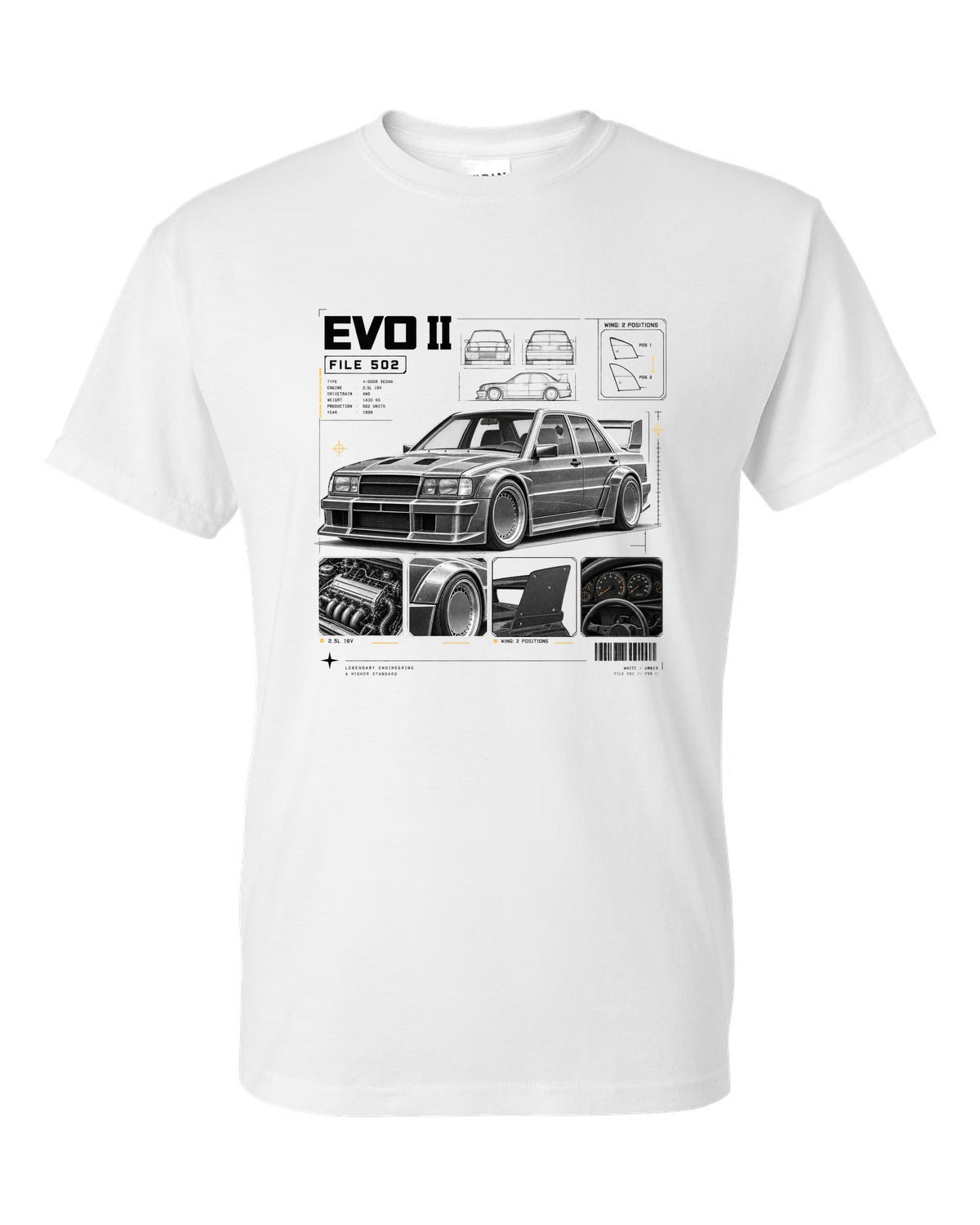 print dossier panels of a Mercedes 190E Evolution II W201 listing file 502, 2.5L 16V and wing positions white t-shirt front view with the design