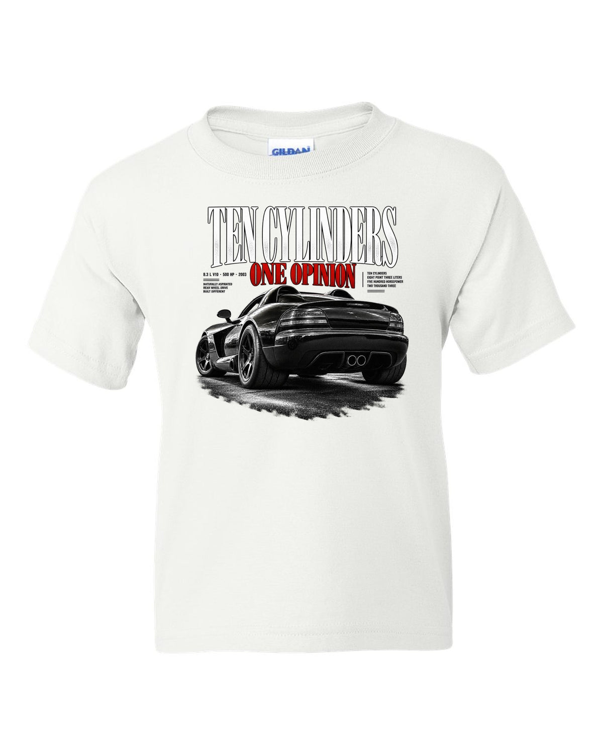 2003 Dodge Viper SRT-10 ZB I rear three-quarter editorial headline print white kids tee front view with the design