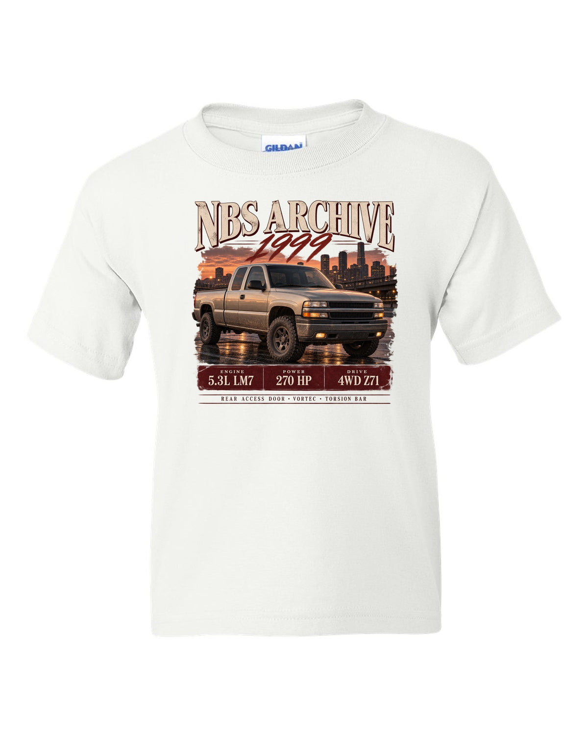 1999 Chevy Silverado NBS archive panel print white kids tee front view with the design