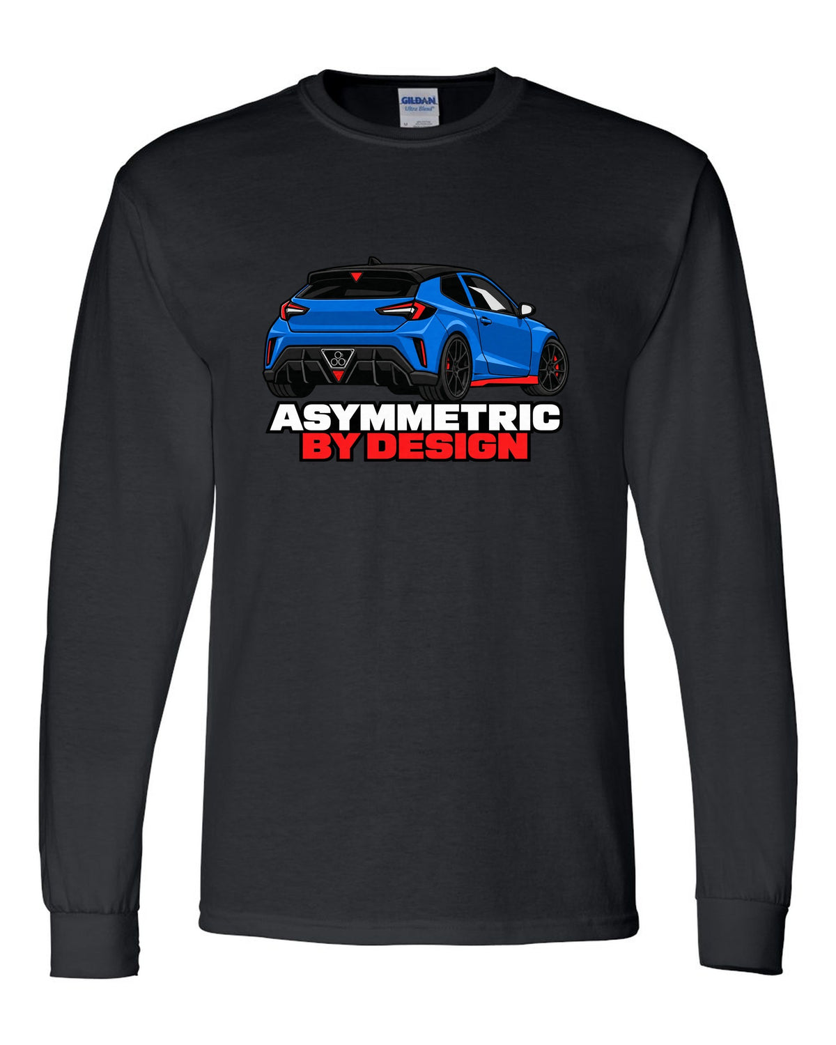 Hyundai Veloster N JS flat vector rear three-quarter print with asymmetric by design text black long sleeve front view with the design