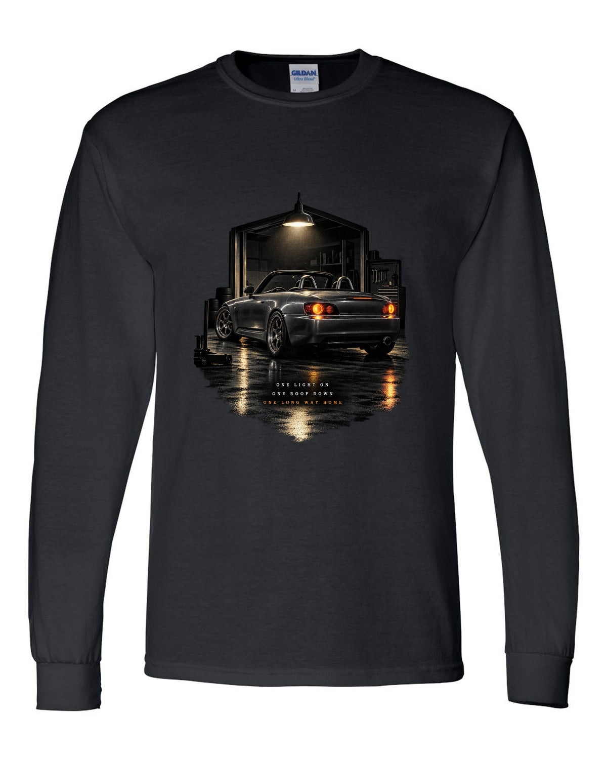 Honda S2000 AP1 roadster garage night design with roof down long way home text black long sleeve front view with the design