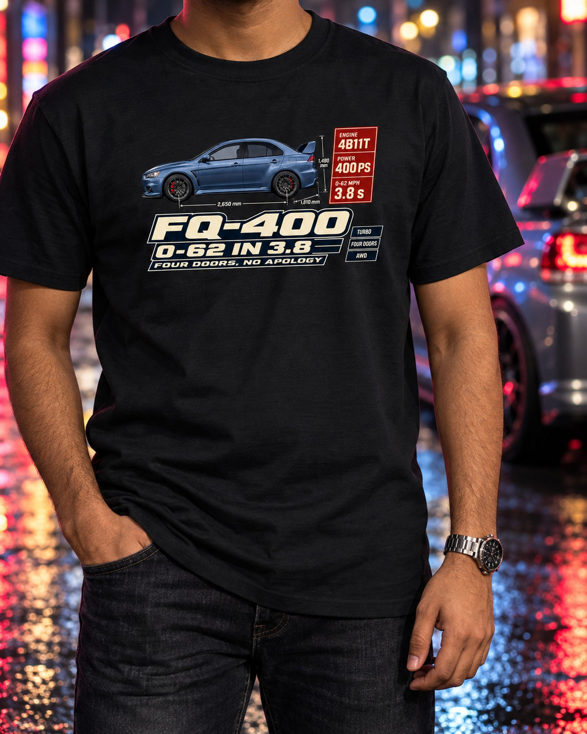 Evo X FQ-400 Spec Poster Tee, 0-62 in 3.8, Four Doors T-Shirt Black worn hero