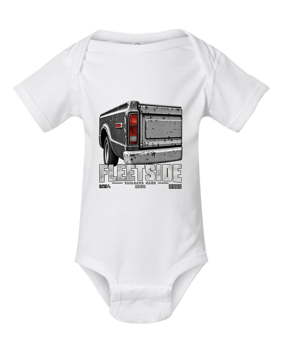 Close-up of a 1968 Chevy C10 Fleetside taillight and tailgate, print white baby onesie front view with the design