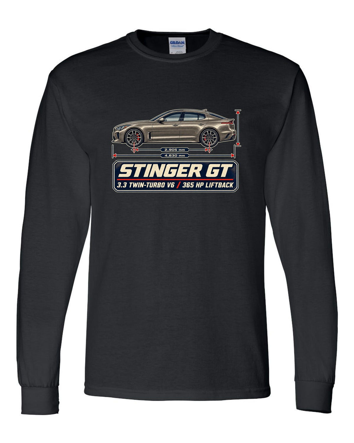 Kia Stinger GT dimension blueprint print on a shirt black long sleeve front view with the design