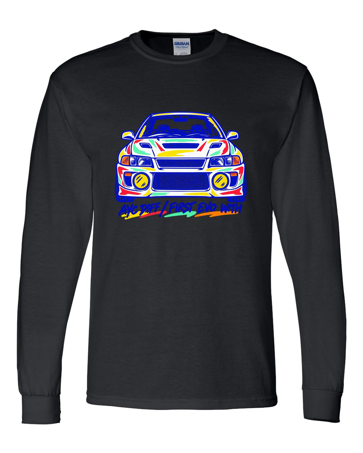 Mono-line napkin sketch of a Mitsubishi Lancer Evolution IV CN9A black long sleeve front view with the design