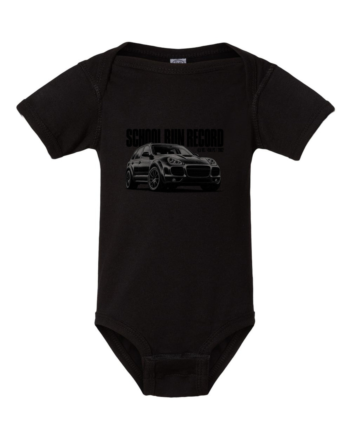 Halftone print of a Porsche Cayenne Turbo 955 with School Run Record caption black baby onesie front view with the design