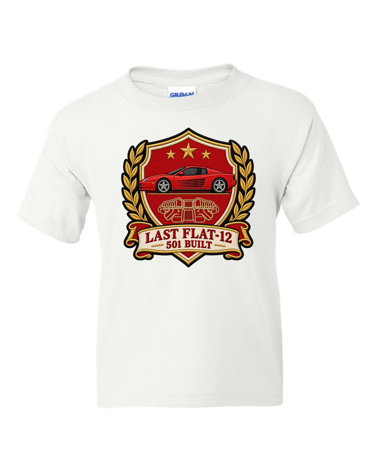 Varsity crest print for the Ferrari F512 M with the text last flat-12, 501 built white kids tee front view with the design