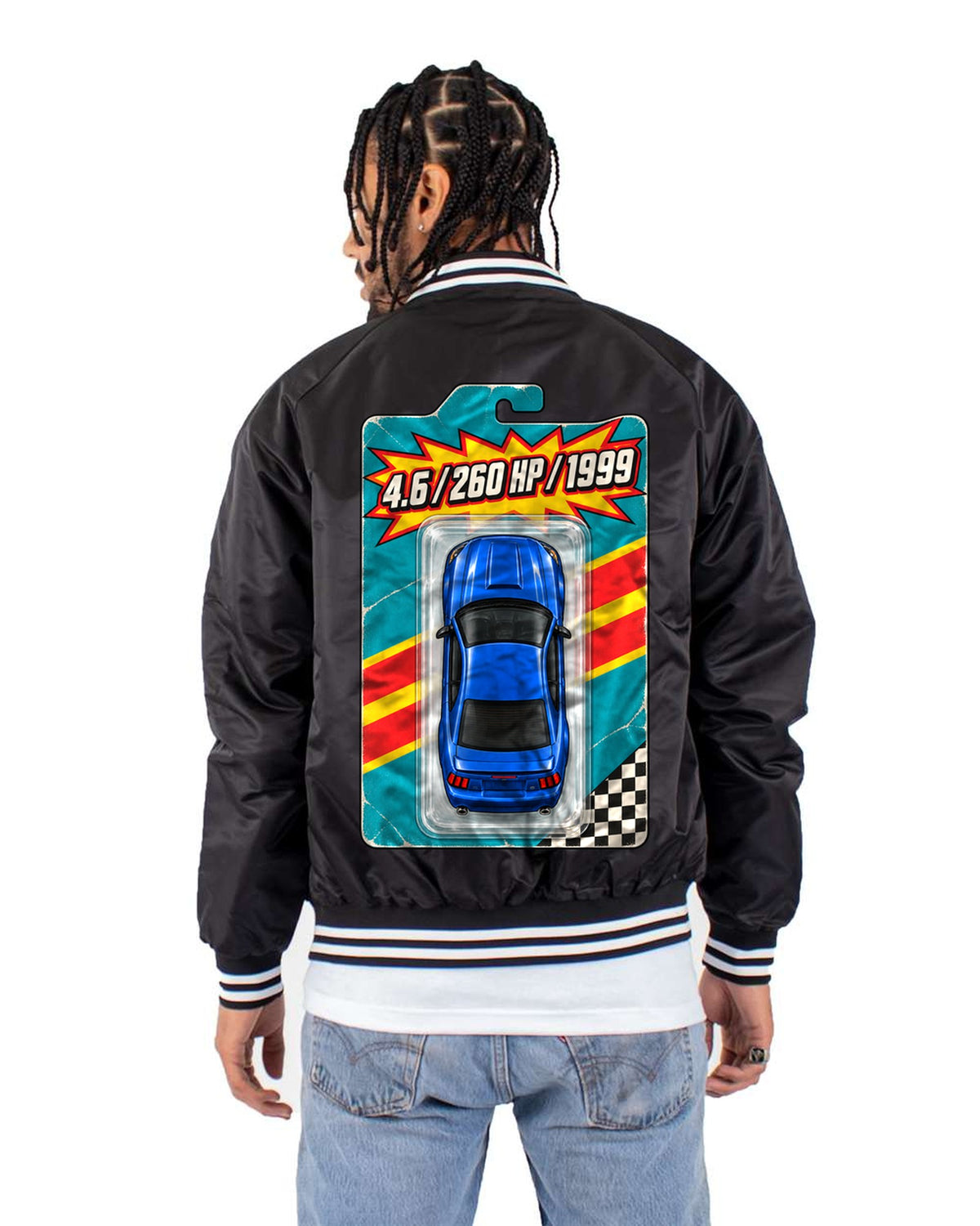 1999-2004 New Edge Mustang Coupe Toy Blister Card Shirt Bomber Jacket Black back