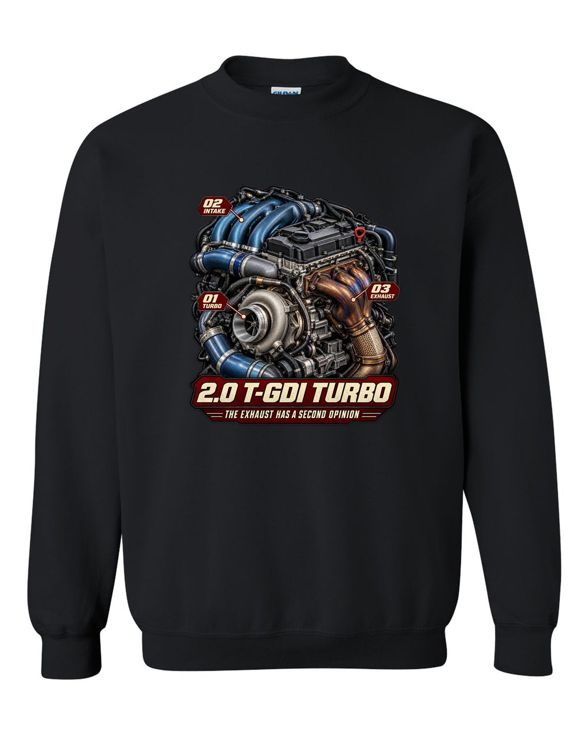 Hyundai Elantra N 2.0 T-GDI turbo engine illustration, print black crewneck front view with the design
