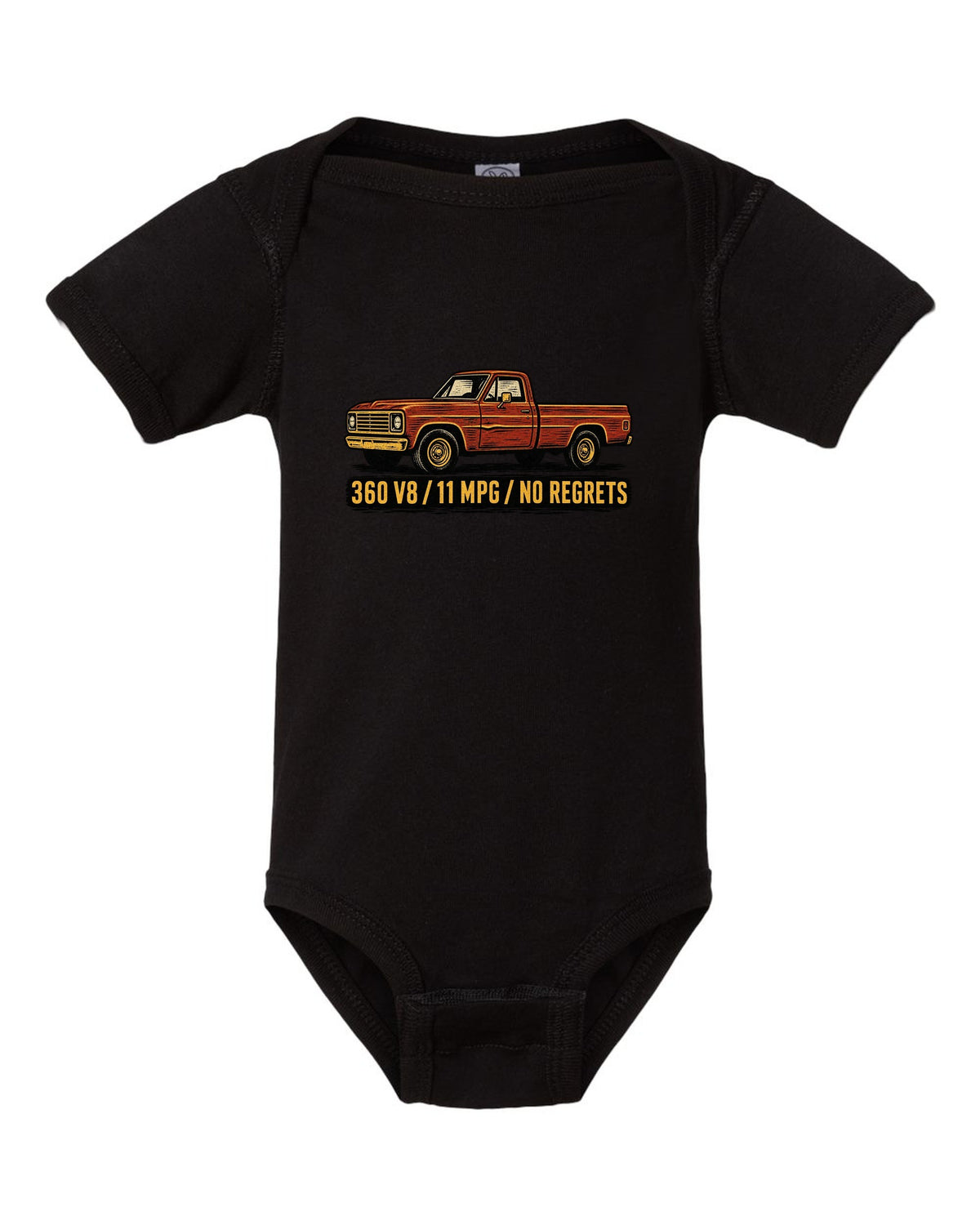 Dent-Side Ford F-150 1973-79 Crease Linocut black baby onesie front view with the design