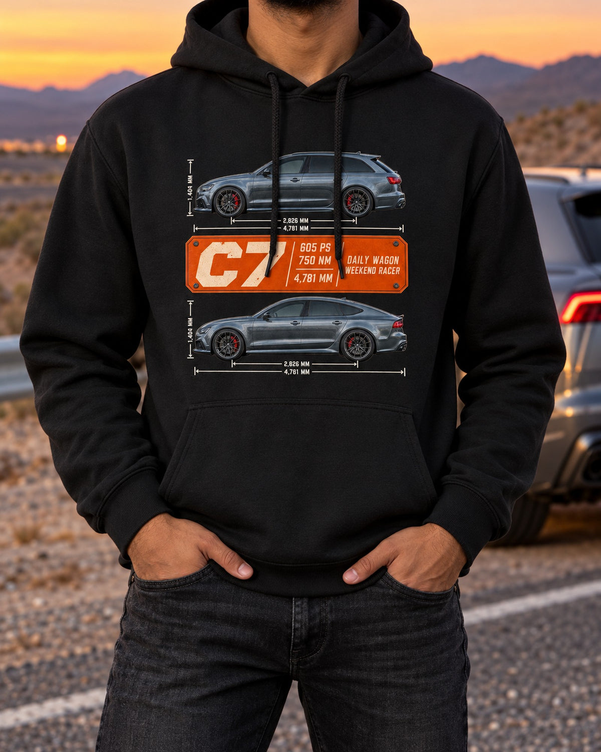 Audi RS4 Avant B9 Spec Poster Tee, 450 PS Daily Wagon Pull Over Hoodie Black worn hero