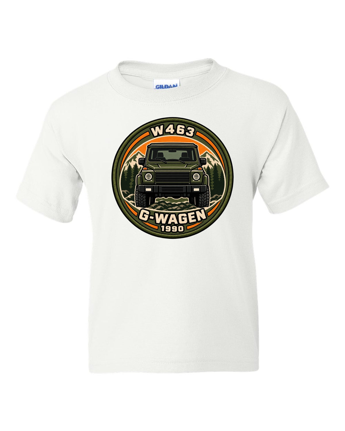 Varsity crest graphic reading W463 G-Wagen 1990 for the Mercedes G-Class, print white kids tee front view with the design