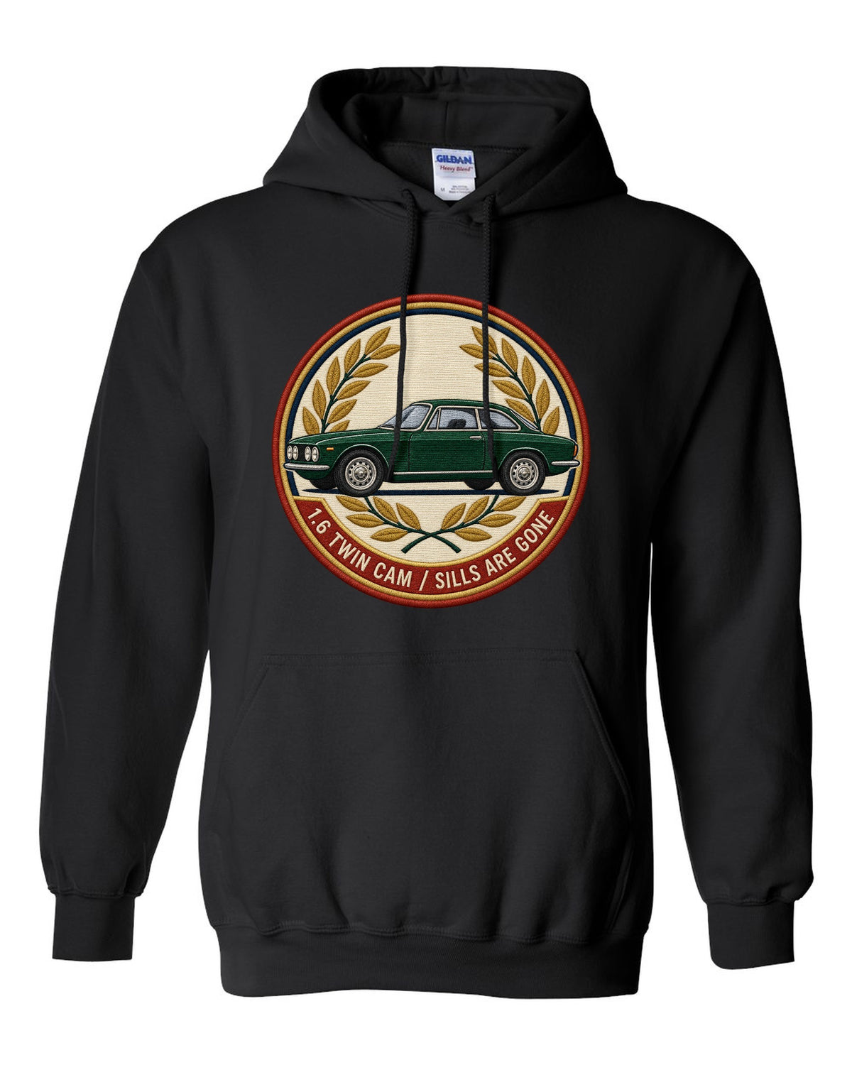 Embroidery style varsity crest for an Alfa Romeo Giulia Sprint GT 105 with 1.6 twin cam black pull over hoodie front view with the design