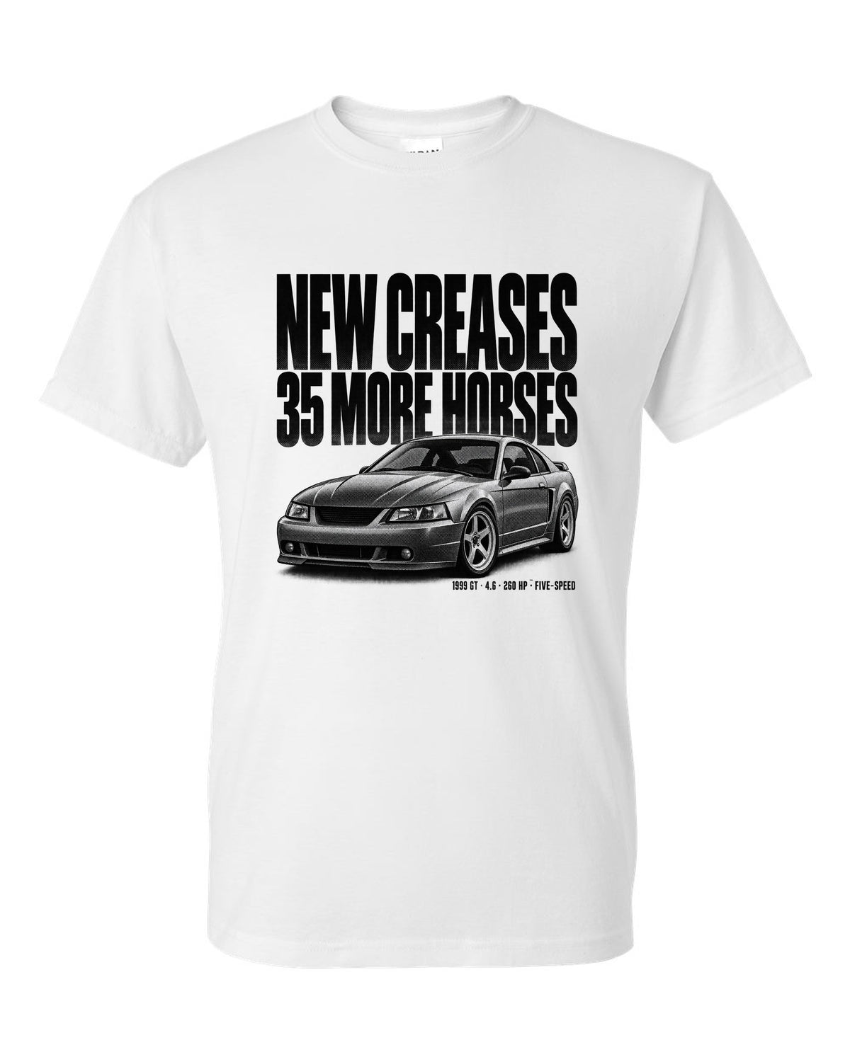 Halftone print of a 1999 Ford Mustang New Edge GT coupe white t-shirt front view with the design