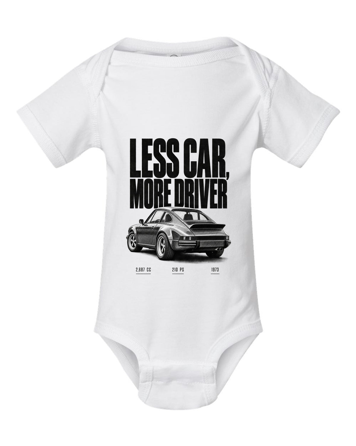 Halftone print of the 1973 Porsche 911 Carrera RS 2.7 with the line Less Car More Driver white baby onesie front view with the design