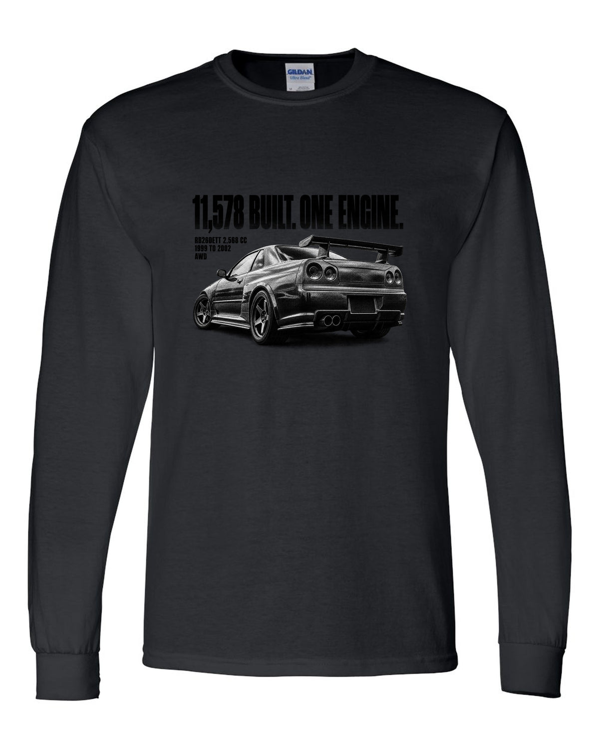 Halftone rear three-quarter view of a Nissan Skyline GT-R R34 with 11,578 built lettering black long sleeve front view with the design