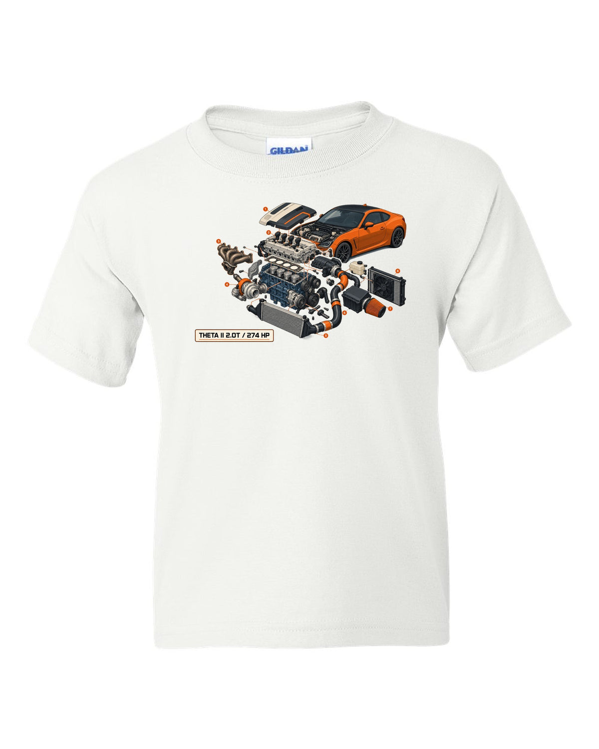Hyundai Genesis Coupe BK2 isometric exploded cutaway print with Theta II 2.0T and 274 HP white kids tee front view with the design