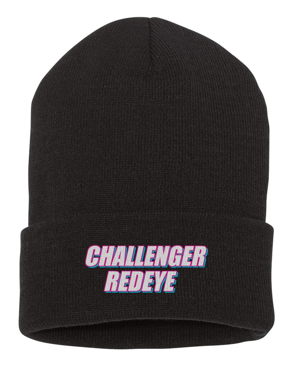 Challenger Redeye black beanie front view with car name