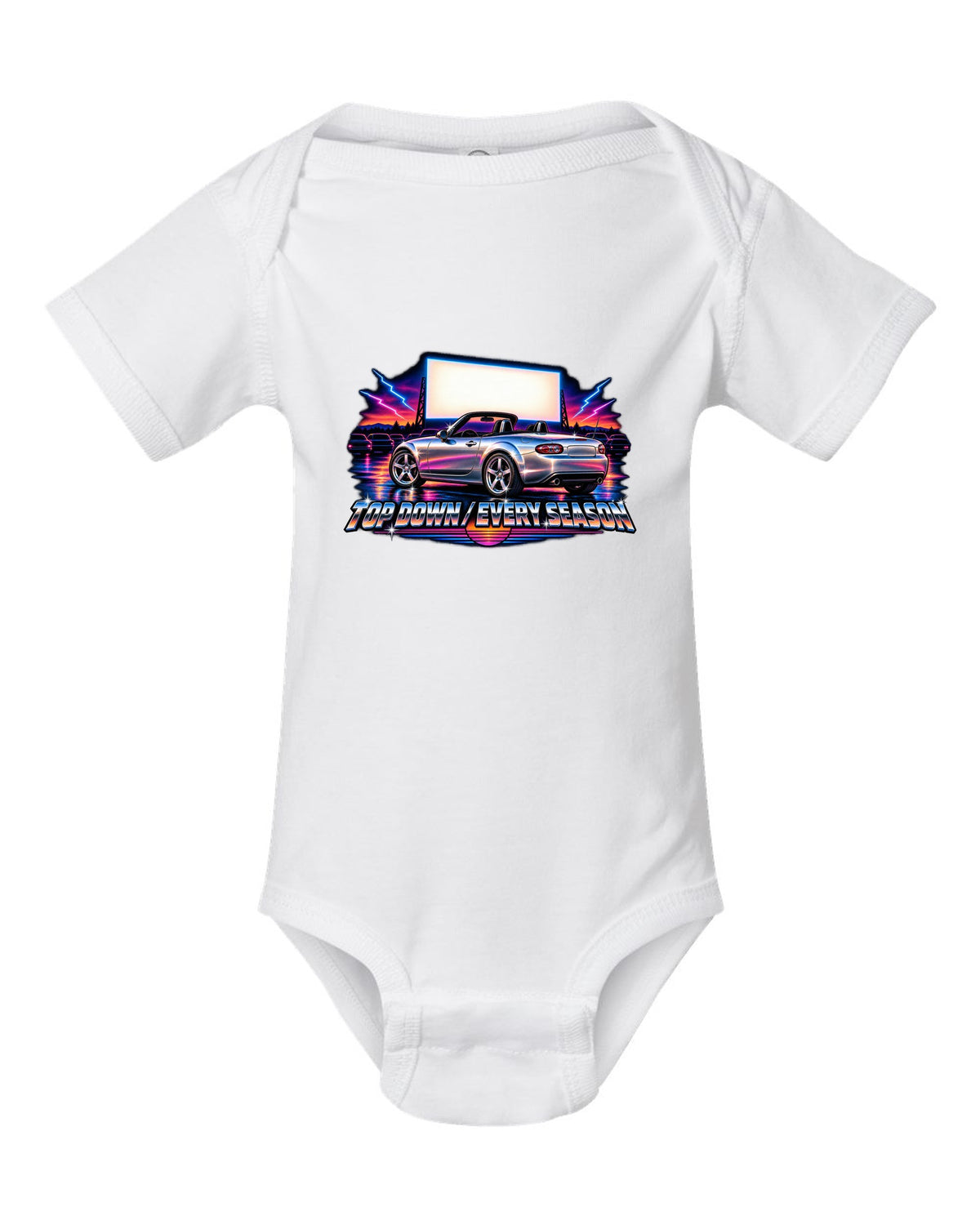Eighties airbrush chrome print of a Mazda MX-5 NC with the text Top Down Every Season white baby onesie front view with the design