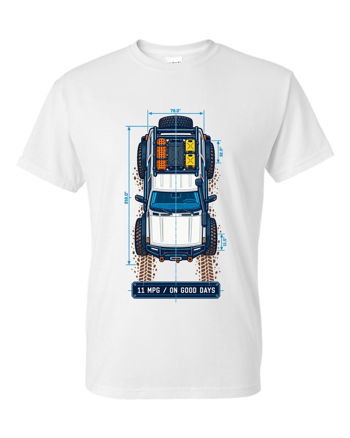 Top-down blueprint line art of a Toyota Land Cruiser FJ80 with roof rack and 11 MPG lettering white t-shirt front view with the design