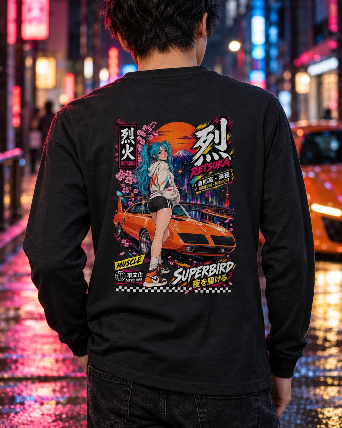 RETSUKA SUPERBIRD Anime Girl Full-Back Graphic Tee Long Sleeve Black worn hero
