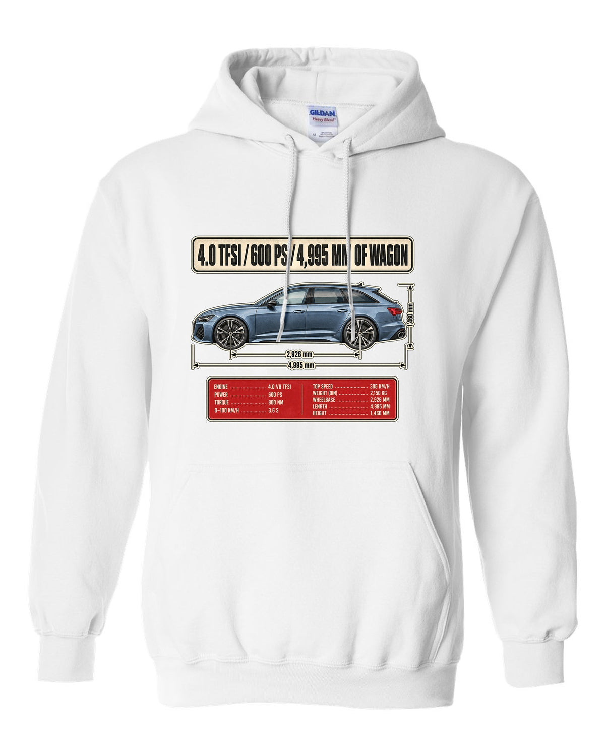 Audi RS6 Avant C8 wagon dimension blueprint print white pull over hoodie front view with the design