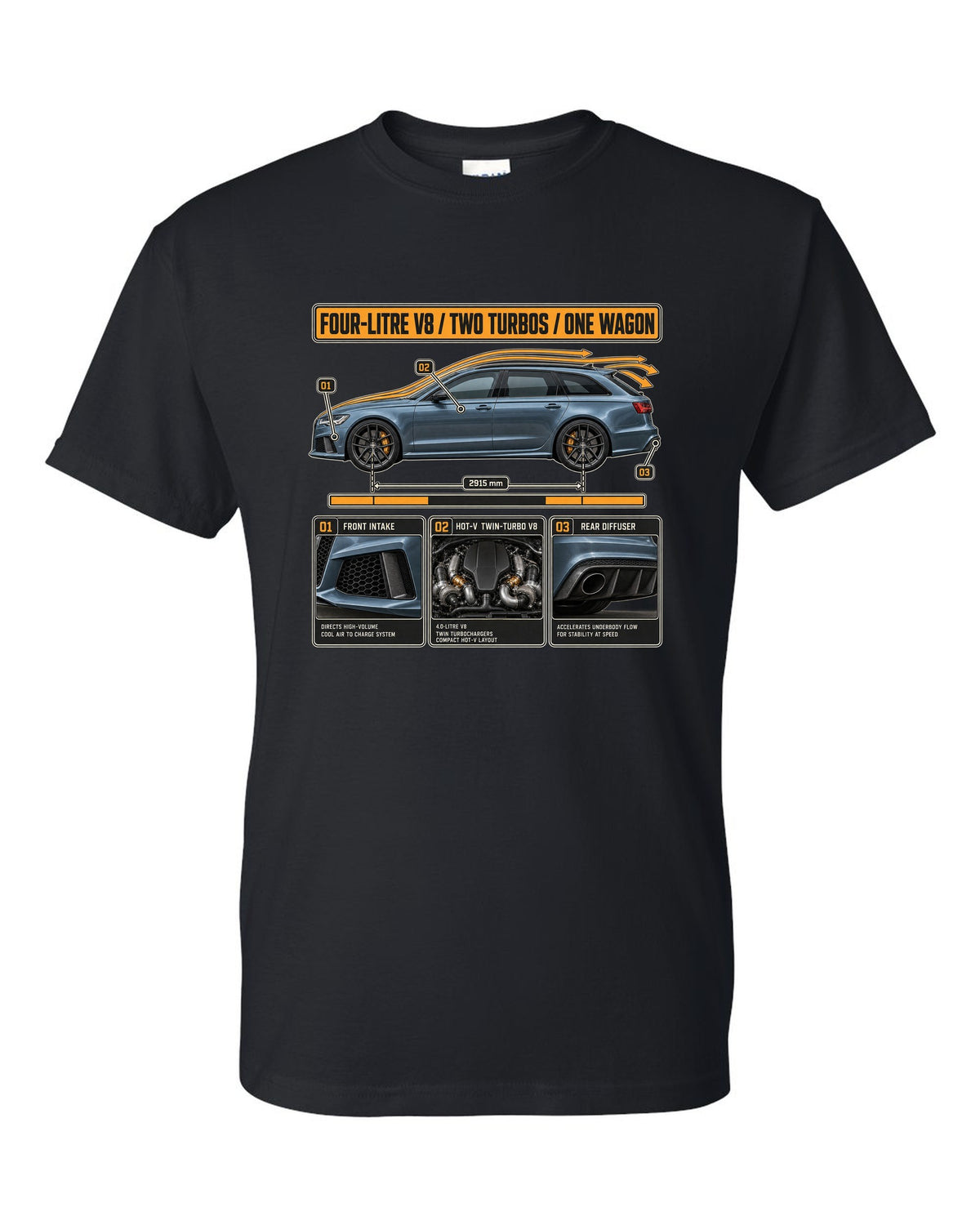Audi RS6 Avant C7 steel blue aero cutaway callouts print black t-shirt front view with the design