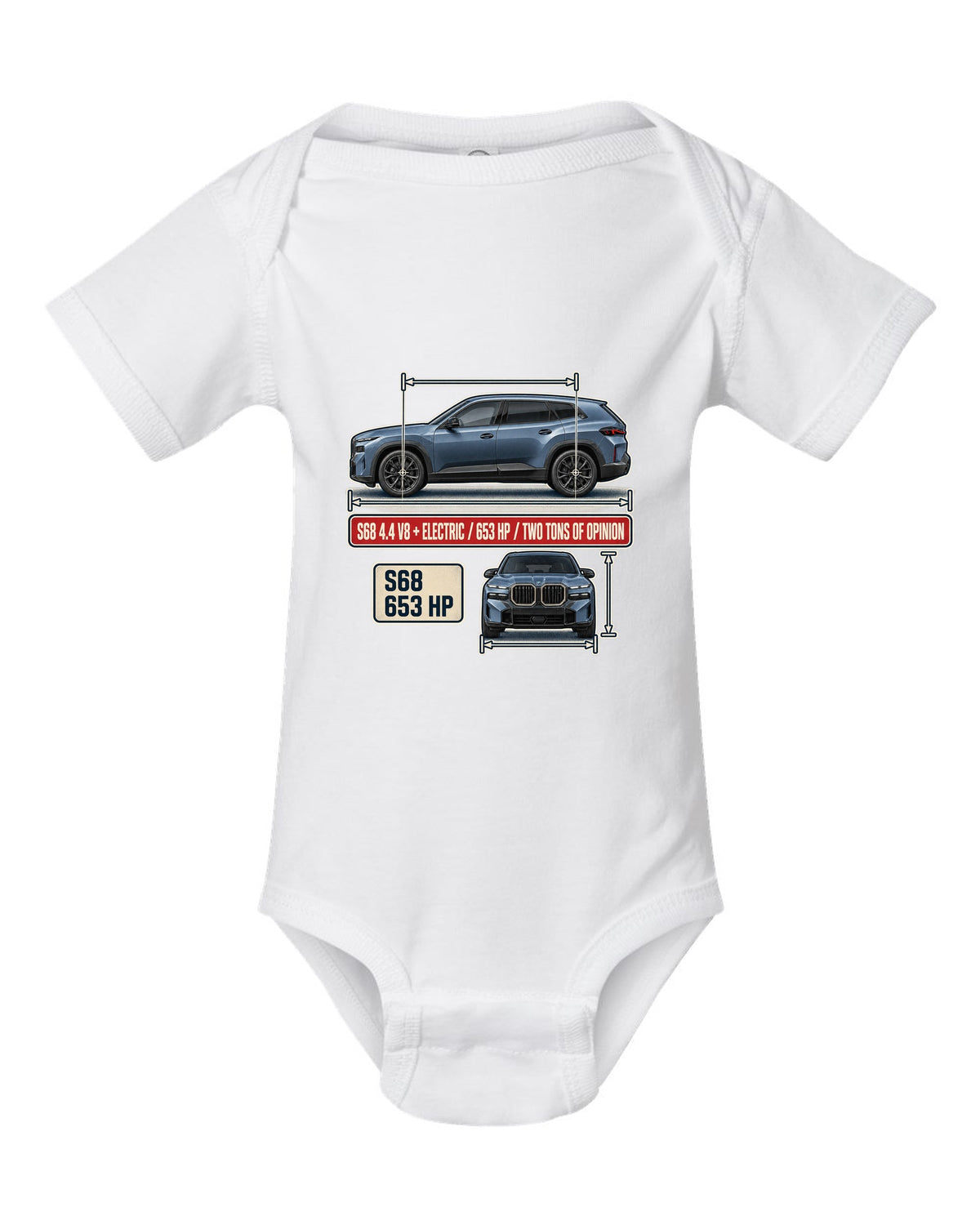 BMW XM G09 dimension blueprint print on a tee white baby onesie front view with the design
