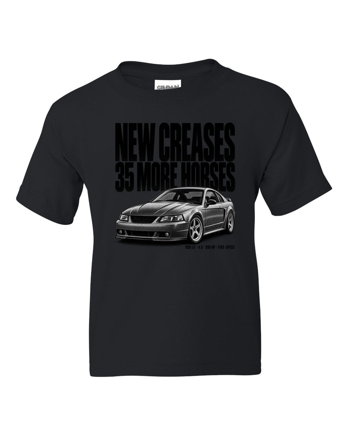 Halftone print of a 1999 Ford Mustang New Edge GT coupe black kids tee front view with the design