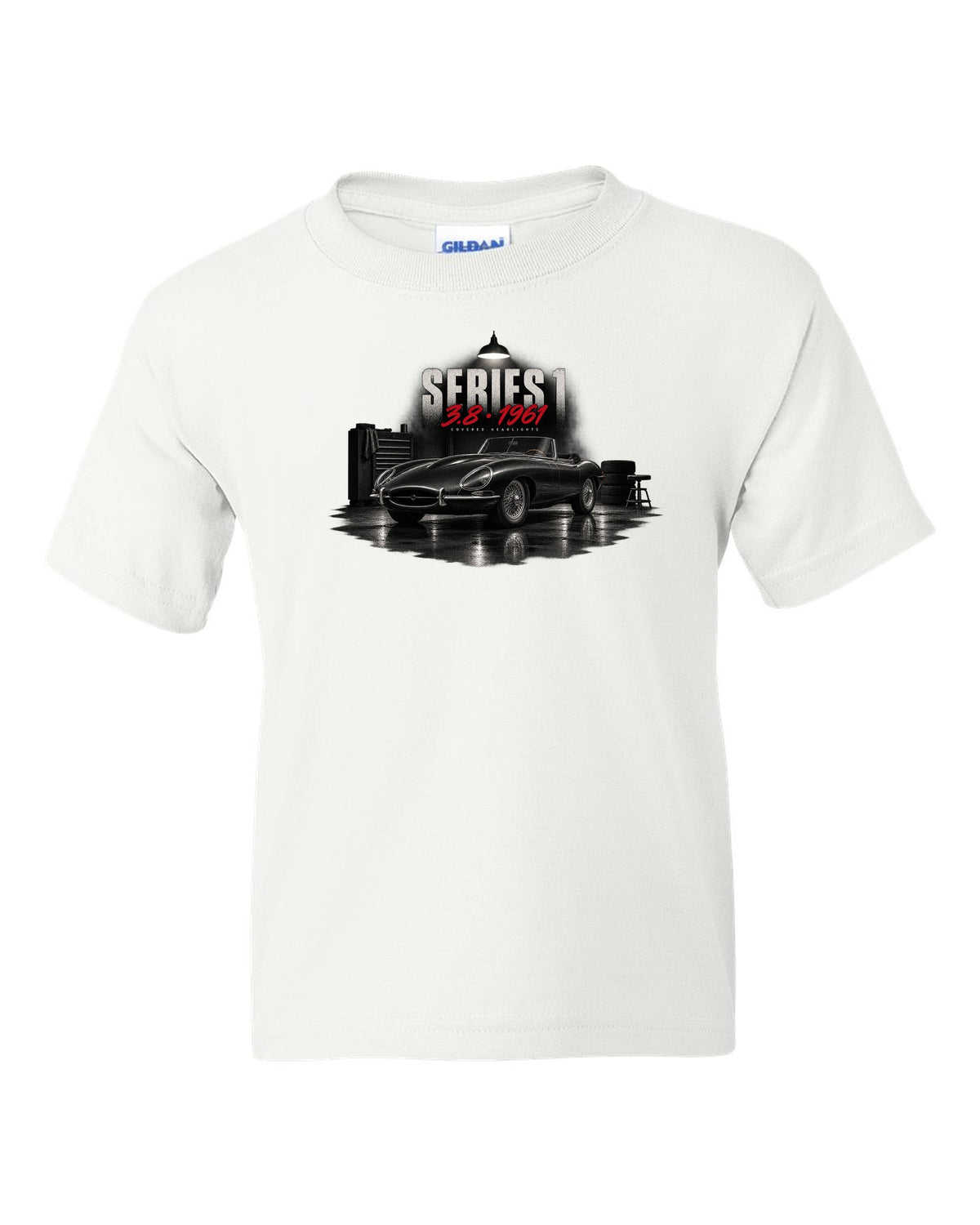 Garage night print of a 1961 Jaguar E-Type Series 1 3.8 with covered headlights and wire wheels white kids tee front view with the design