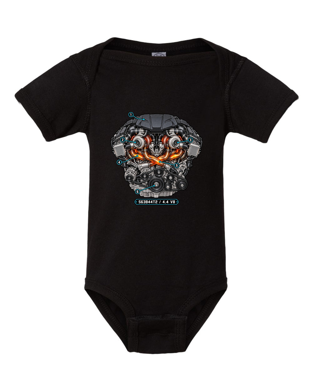 Exploded cutaway engine print of the BMW S63 4.4 V8 from the X5 M F85 black baby onesie front view with the design
