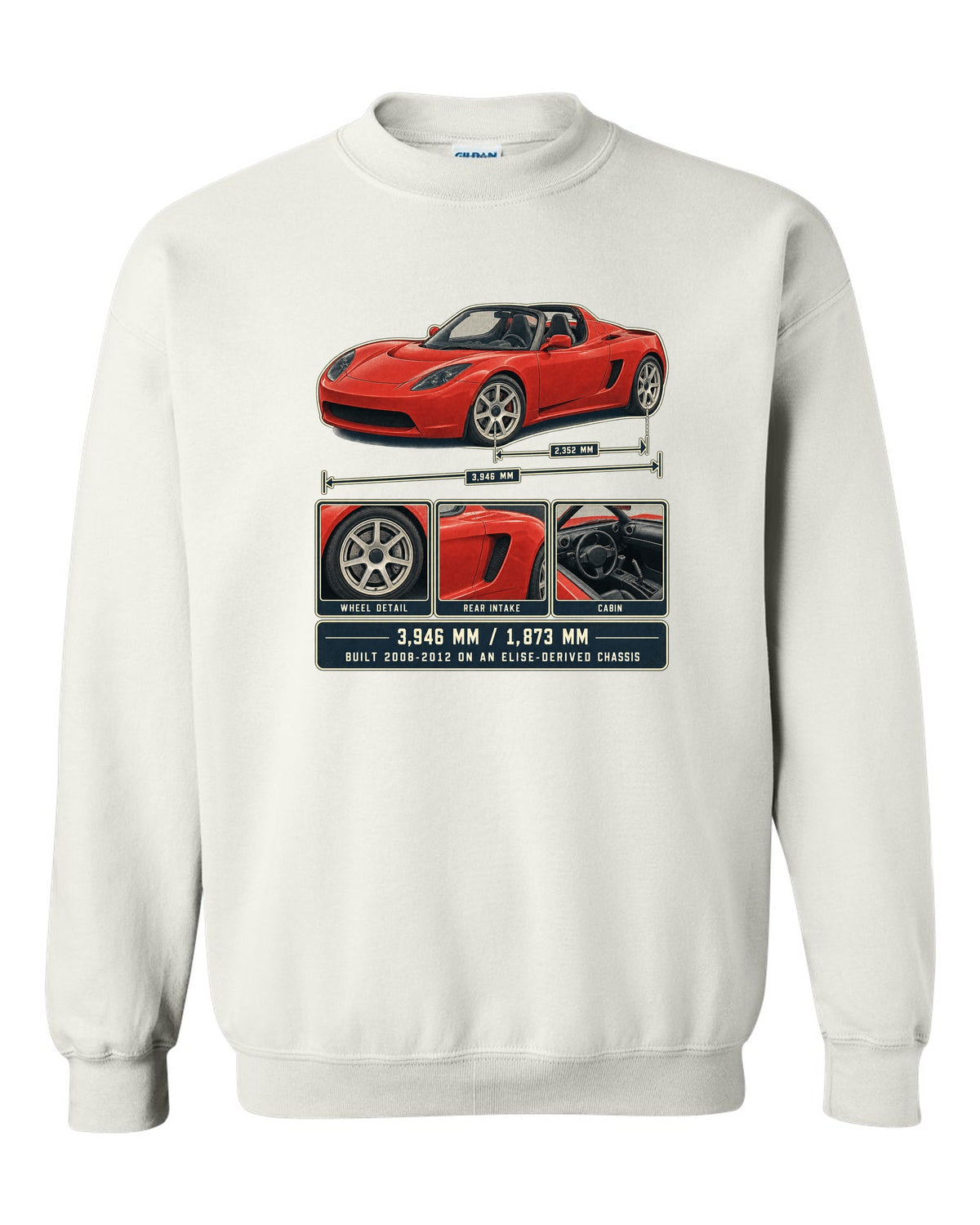 Dossier panel print of a first-generation Tesla Roadster with dimensions white crewneck front view with the design