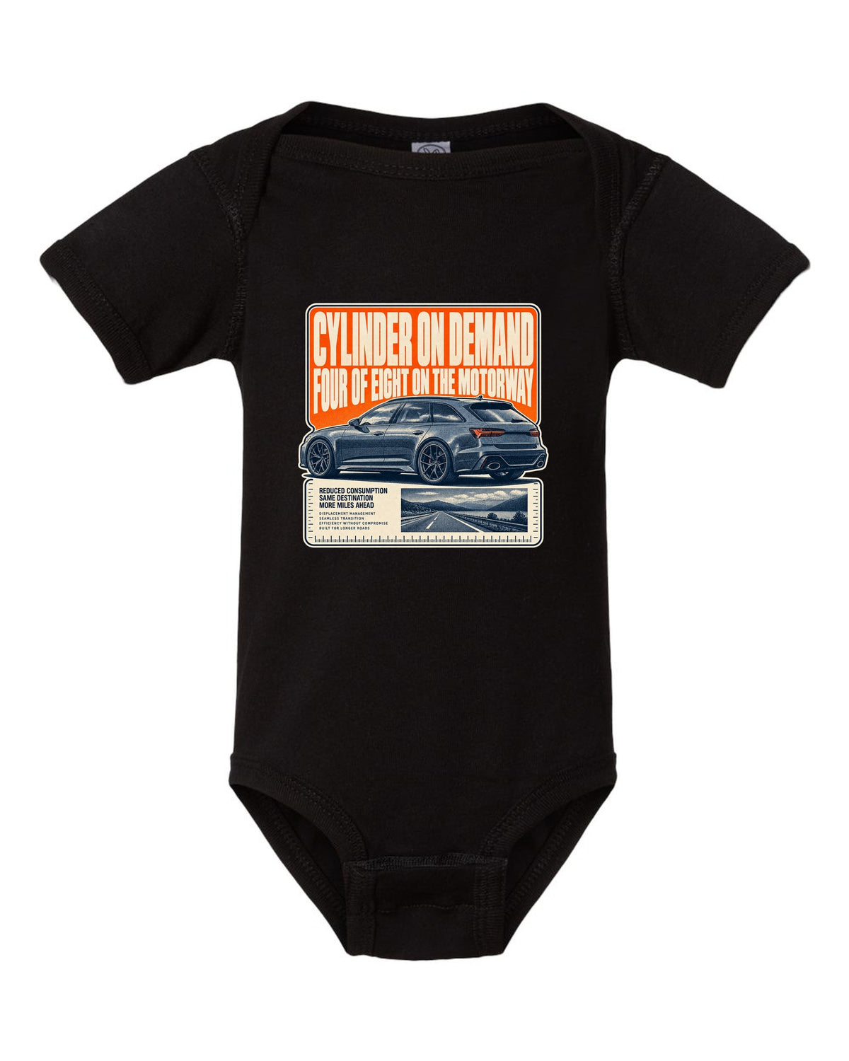 Audi RS6 Avant C8 wagon halftone statement print black baby onesie front view with the design