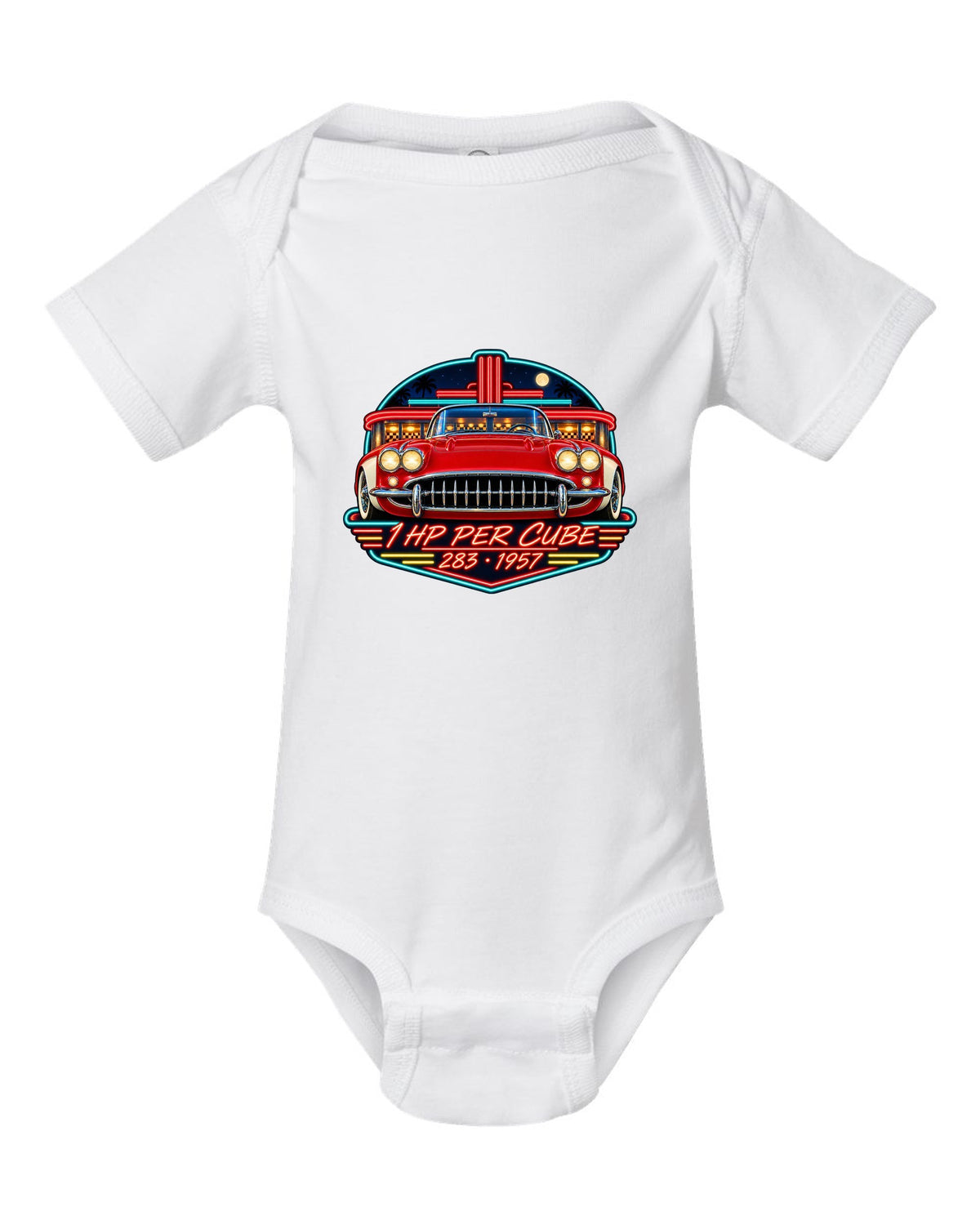 Vintage neon diner sign print of a 1957 Chevrolet Corvette C1 with 1 HP Per Cube 283 lettering white baby onesie front view with the design