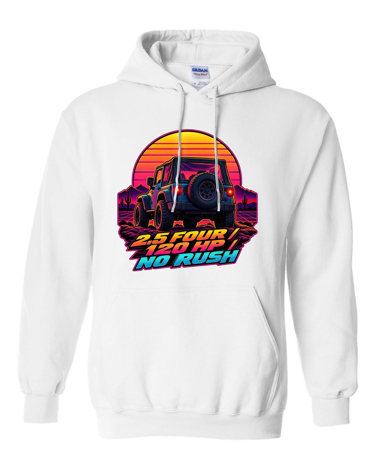 Synthwave sunset illustration of a Jeep Wrangler TJ tailgate with 2.5 FOUR 120 HP NO RUSH lettering white pull over hoodie front view with the design
