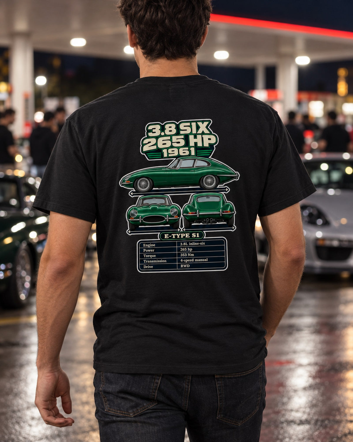 Jaguar E Type Series 1 Spec Sheet Full-Back Graphic Tee T-Shirt Black worn hero
