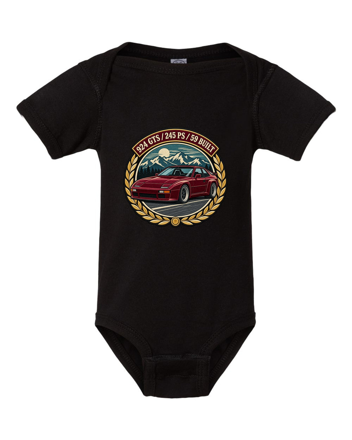 Embroidery-style racing crest for the Porsche 924 GTS with 245 PS and 59 built lettering black baby onesie front view with the design